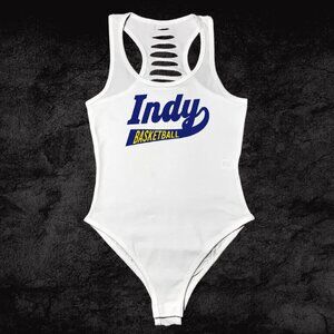 Womens White/Yellow Handmade Indiana Bodysuit, GO Indy, Indianapolis Girl Shirts